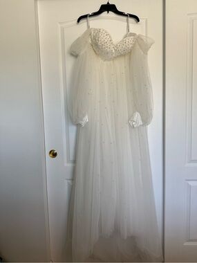 Ivory Off-Shoulder Tulle Dress with Pearl Detail